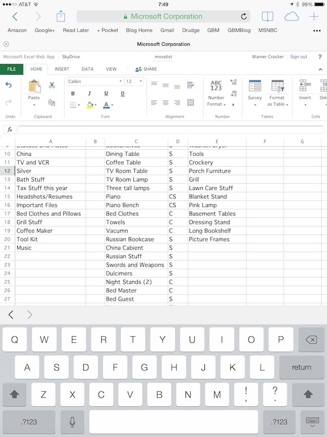 Mircrosoft Excel in Safari on the iPad Air