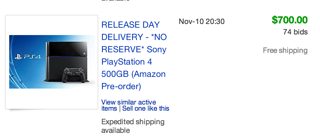 PS4 prices on eBay are high for release day delivery.