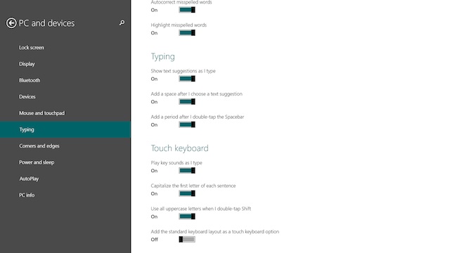 Keyboard Settings for Surface 2 