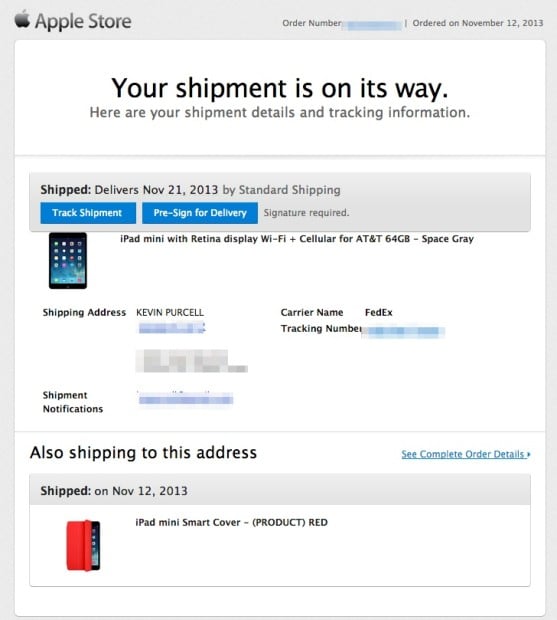 apple shipping notification ipad mini retina