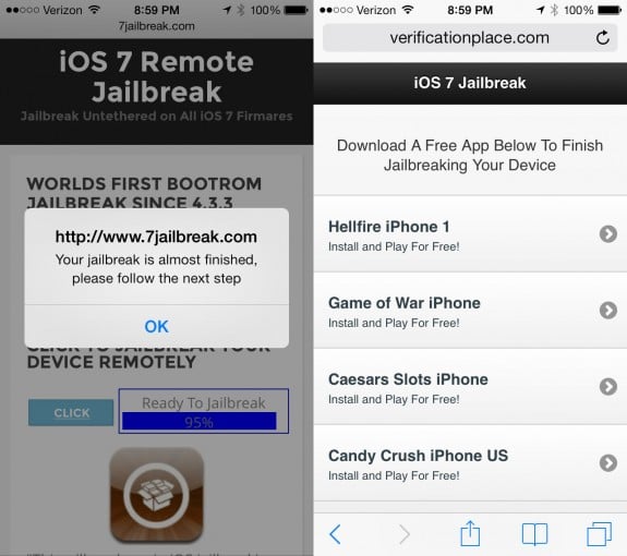 One example of a fake jailbreak that claims to work on your device and asks users to complete trials.