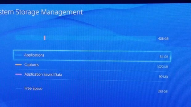 Twitter user CJ's screenshots of the amount of storage his PS4 has available.