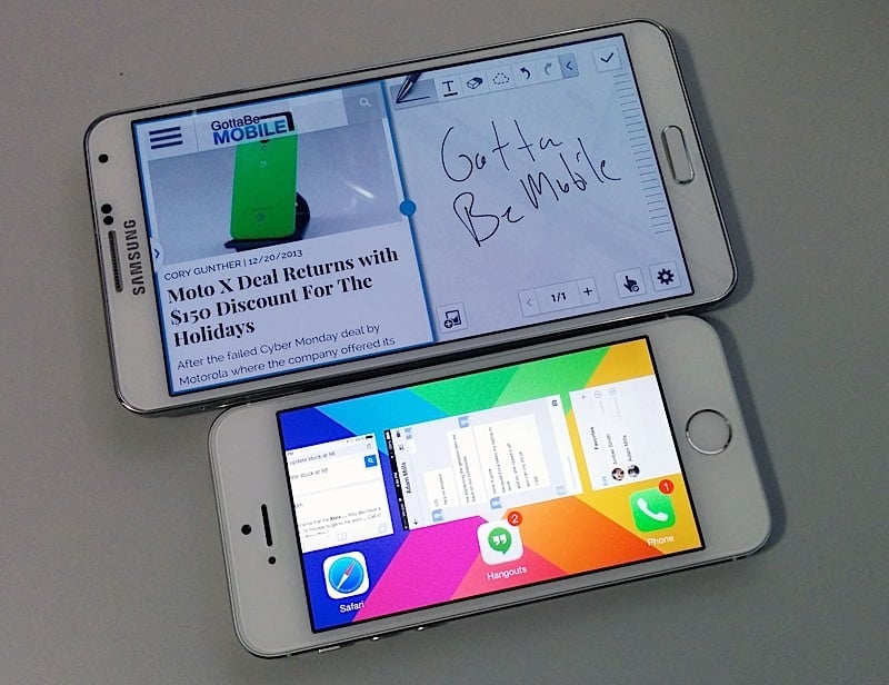 The Galaxy Note 3 delivers multitasking that actually lets you use two apps at once, compared to the iPhone 5s, which is about switching and some background processes.