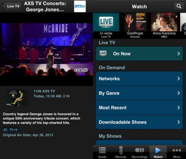Use the U-verse iPhone app to watch Live TV.