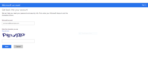 The Microsoft Account reset page. 