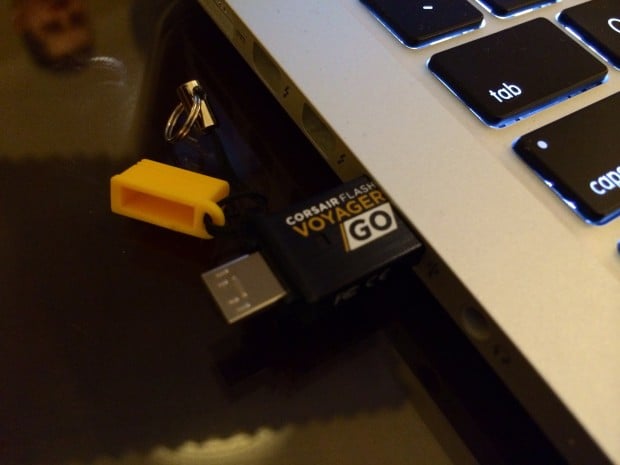 The Corsair Flash Voyager GO USB OTG Flash Drive plugs into your Android smartphone.