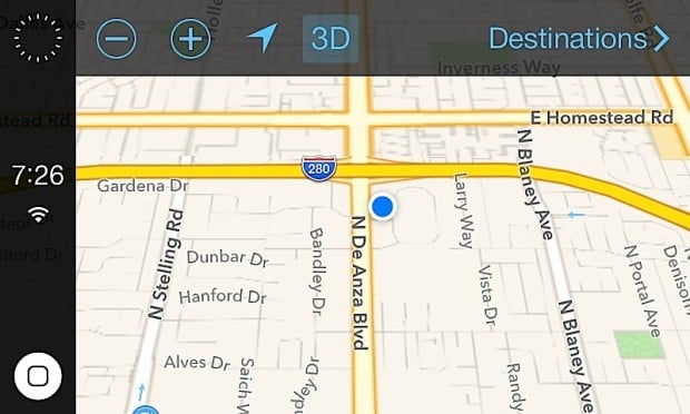 The iOS in the Car screenshot shows Apple maps with a home button and options on the screen. 