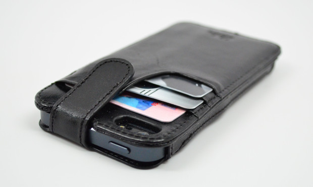 The Sena iPhone 5 wallet case holds three cards and one bill and secures them with a snap. 