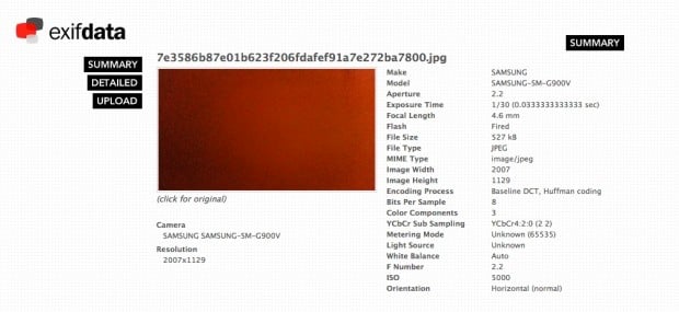 The data attached to this sample shows a little more information about the Galaxy S5 camera.