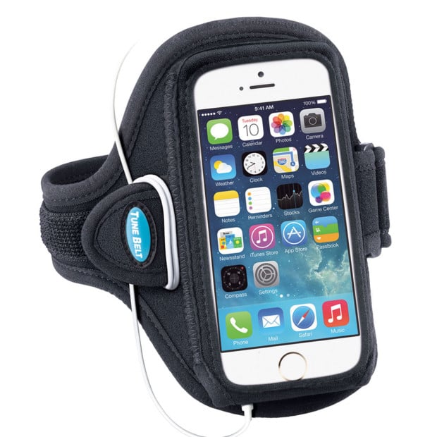This iPhone 5 armband includes a spot to wrap headphone cords, a reflective stripe and extension for big arms. 
