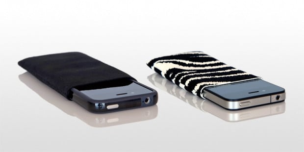 This iPhone 5 cover includes a small pouch for headphones or other items. 