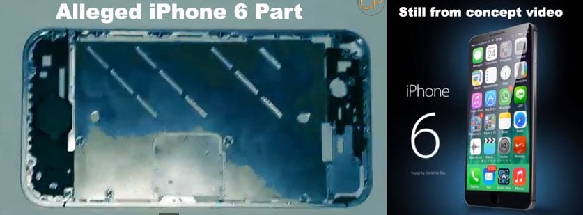 The alleged iPhone 6 part on the left and a iPhone render on the channel of the individual that sponsored the video.