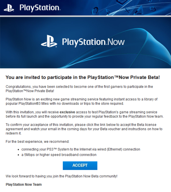 The PlayStation Now invitation posted to Neogaf.