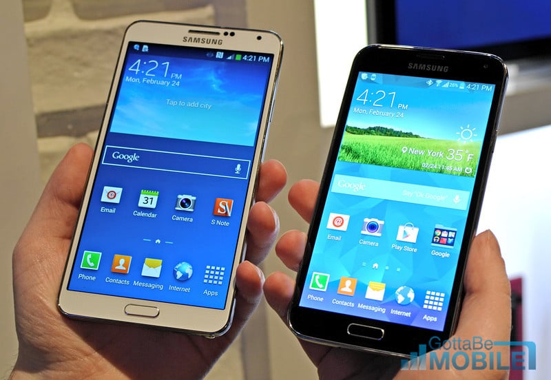 The Samsung Galaxy Note 3 and Galaxy S5 are the most recent devices from Samsung. 