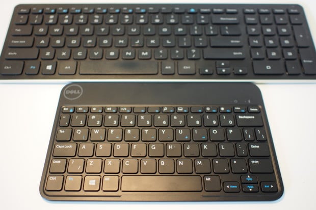Comparing the Dell Venue 8 Pro's Bluetooth keyboard accessory to a full-sized Dell wireless keyboard for the XPS 18 system, you can see that the keys are about the same size for the regular alpha-numeric keys, but spacing between keys are slightly reduced to fit in the smaller surface area.