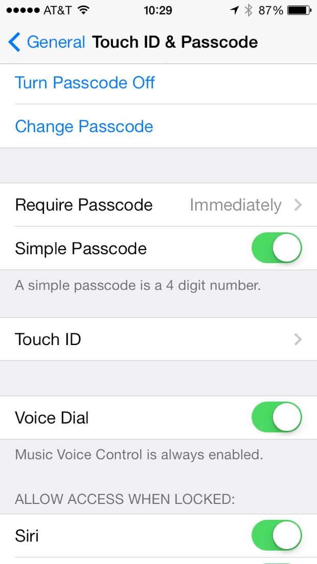 passcode lock settings ios 7