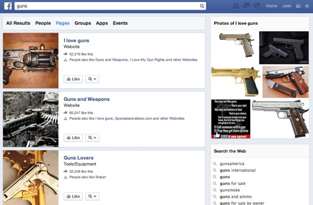 Users can  still see and like Facebook pages about guns.
