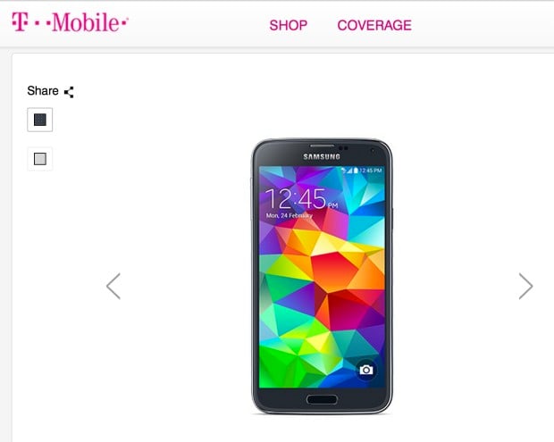 T-Mobile shows a black and a white Galaxy S5.