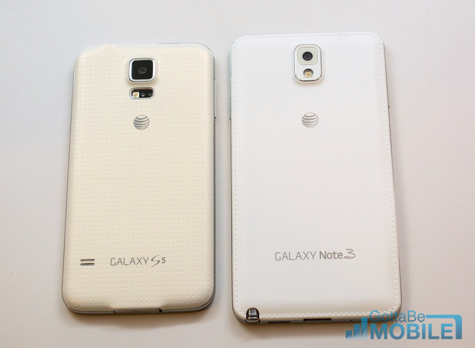The Galaxy Note 3 leather bak is not as soft, but the white looks much nicer than the off-white of the Galaxy S5.