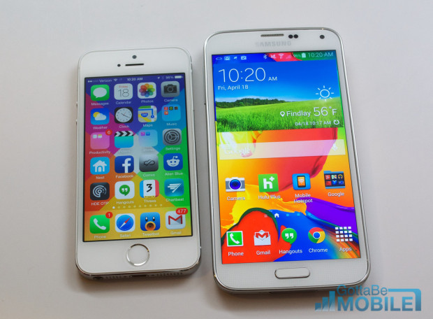 The Samsung Galaxy S5 display is larger and more vivid than the iPhone 5s.