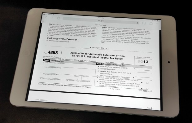 File for a free 6 month tax extension using IRS form 4868 on the iPad, iPhone or Computer.