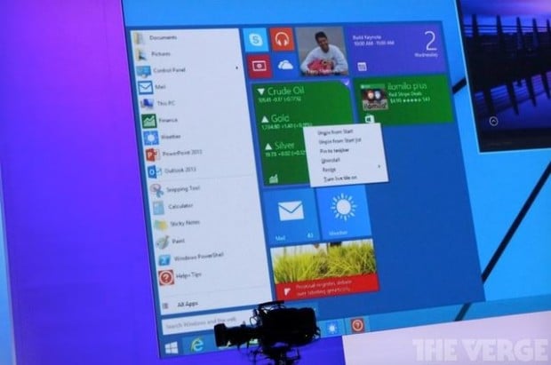 A picture of the upcoming Start Menu from The Verge.
