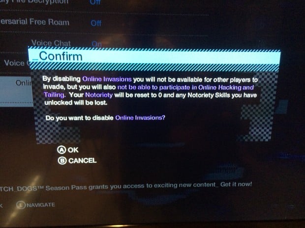 When you turn off Watch Dogs Online Invasions you give up some options.