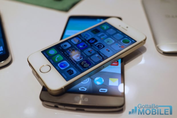 The LG G3 and the iPhone 5s compared.