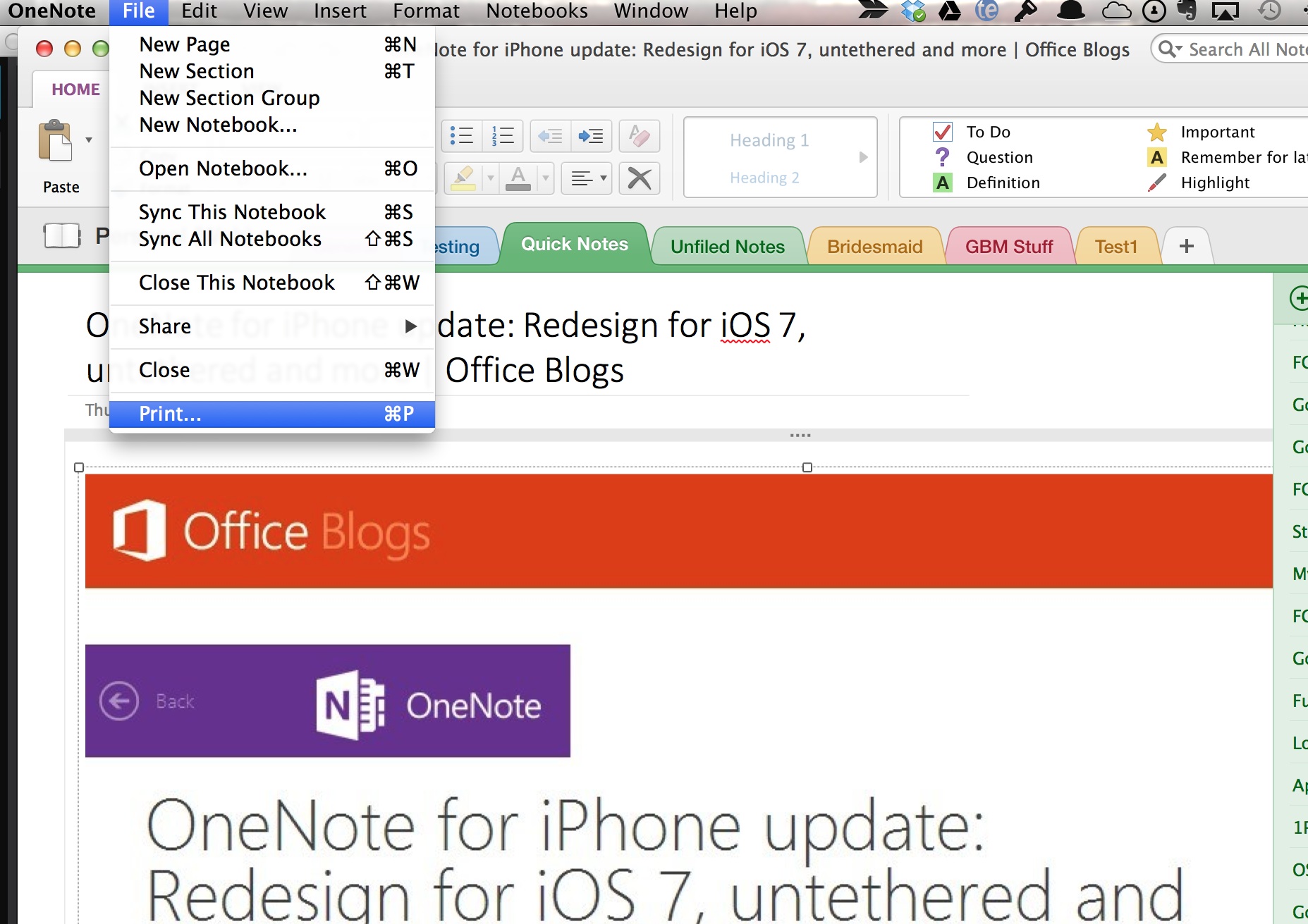 how to set print sizes in onenote for mac