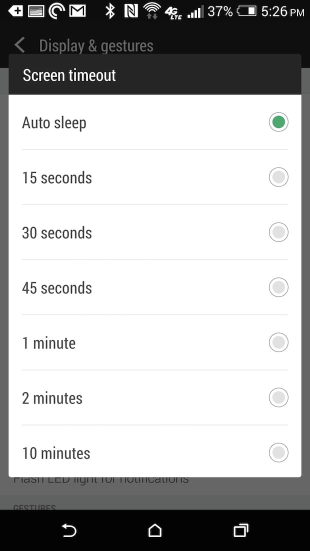 htc one m8 screen timeout settings