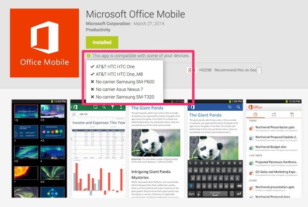 microsoft office incompatible with android tablets