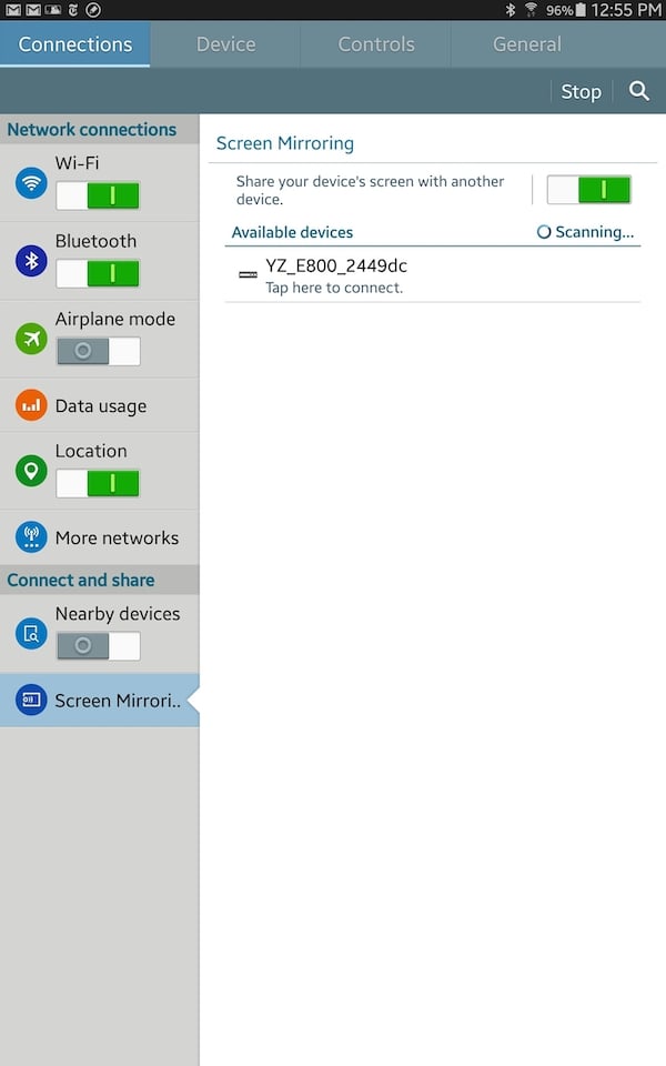 Setting up wireless mirroring on Samsung Galaxy Note 10.1 2014 Edition