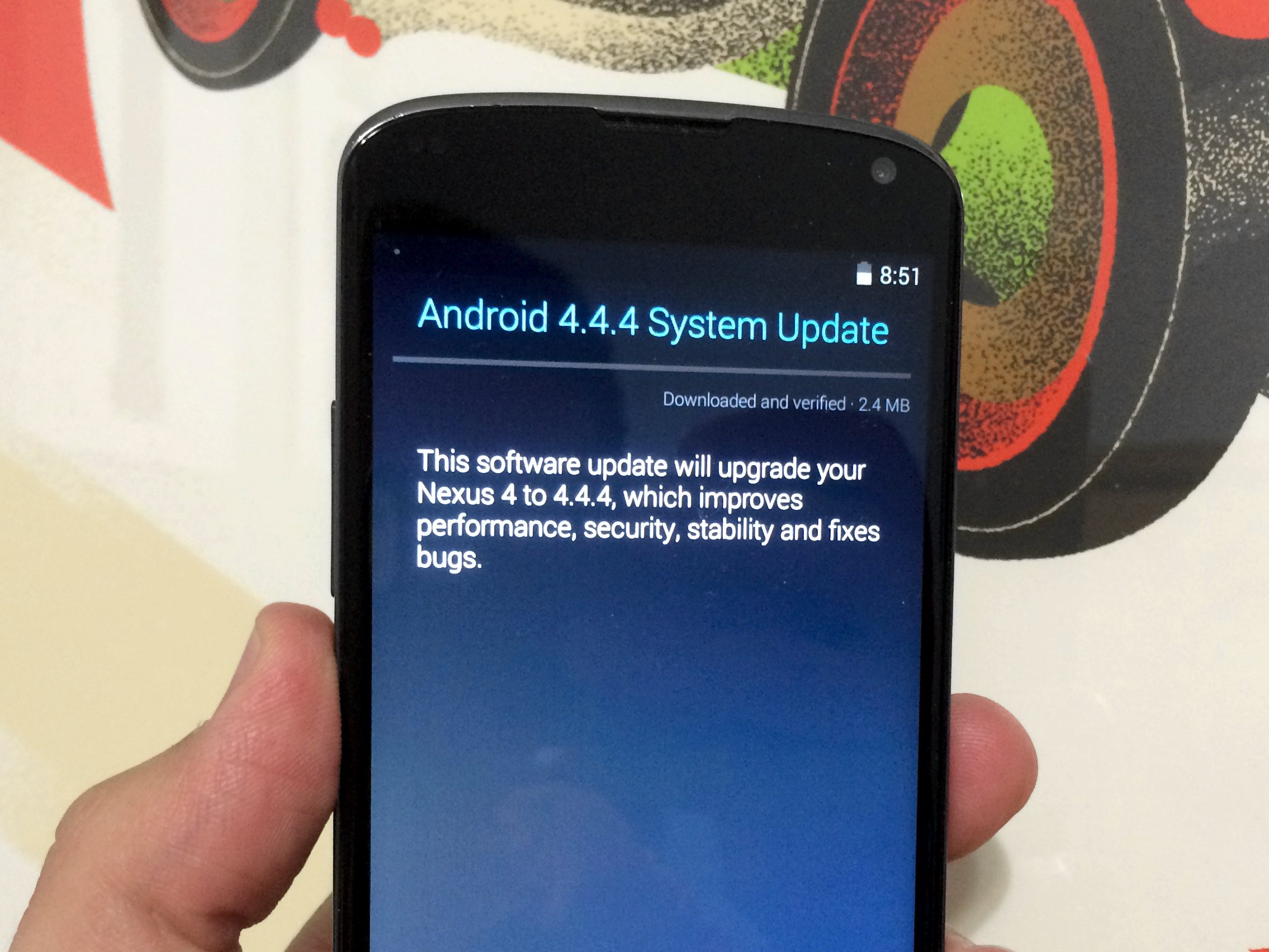Installing Android 4.4.4 was painless, once the Nexus 4 was charged up enough.