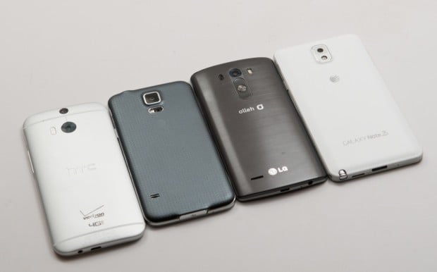 LG G3 Review: The HTC One M8, Samsung Galaxy S5, LG G3 and Samsung Galaxy Note 3 (from left to right)