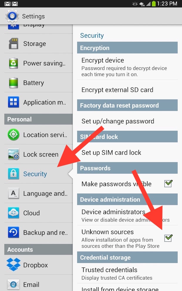uknown sources settings in security on Android
