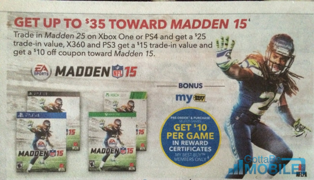 Madden 15 deals cut the price to $15 with a Madden 25 trade and a free Best buy membership.