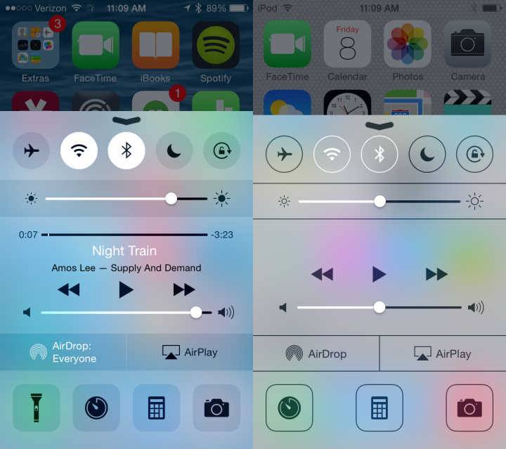 iOS 8 vs iOS 7 Control Center