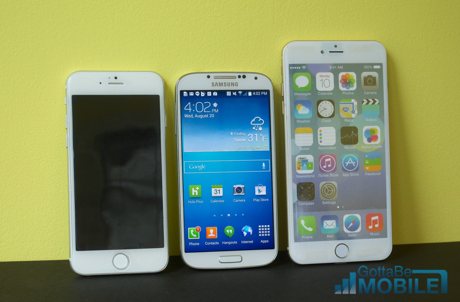 Here we see a 4.7-inch iPhone 6, 5-inch Galaxy S4 and 5.5-inch iPhone 6.