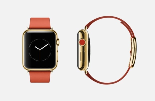The high-end Apple Watch Edition features 18-karat gold and leather.