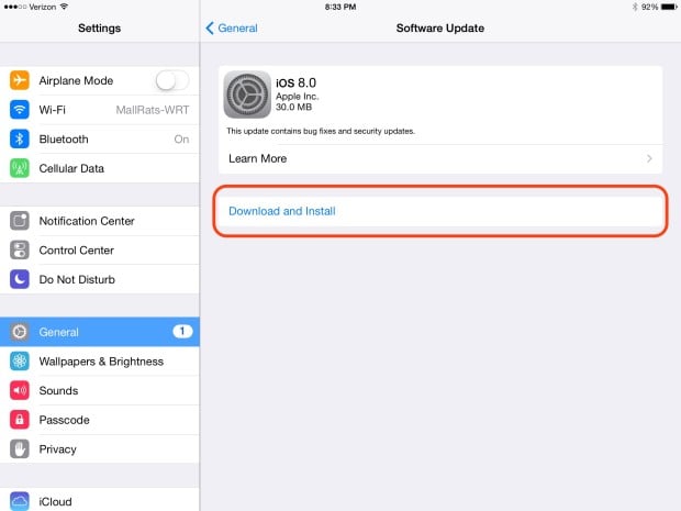Choose Download and Install to complete the update.