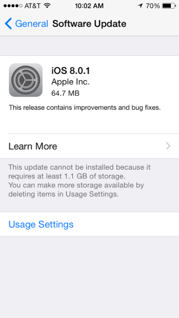 iOS 8.0.1 is now available. 