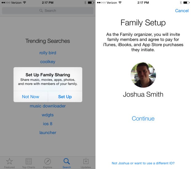 Setup iOS 8 Family Sharing from Settings.