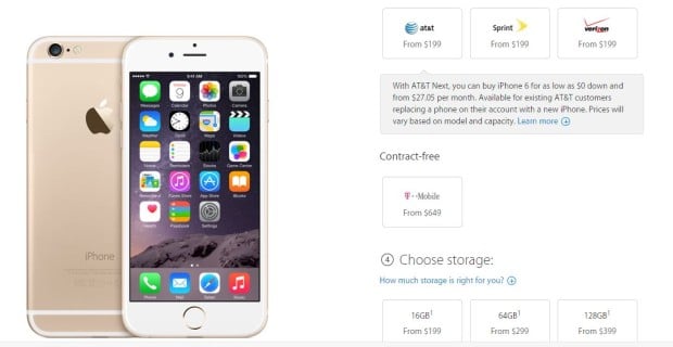 Storage prices for the iPhone 6.