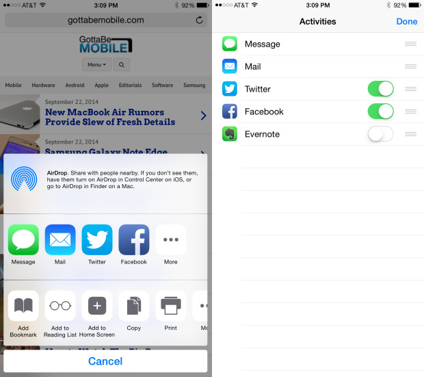 Customize the iOS 8 sharing options. 