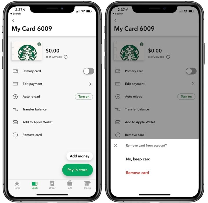 Retire una tarjeta de la aplicación Starbucks.