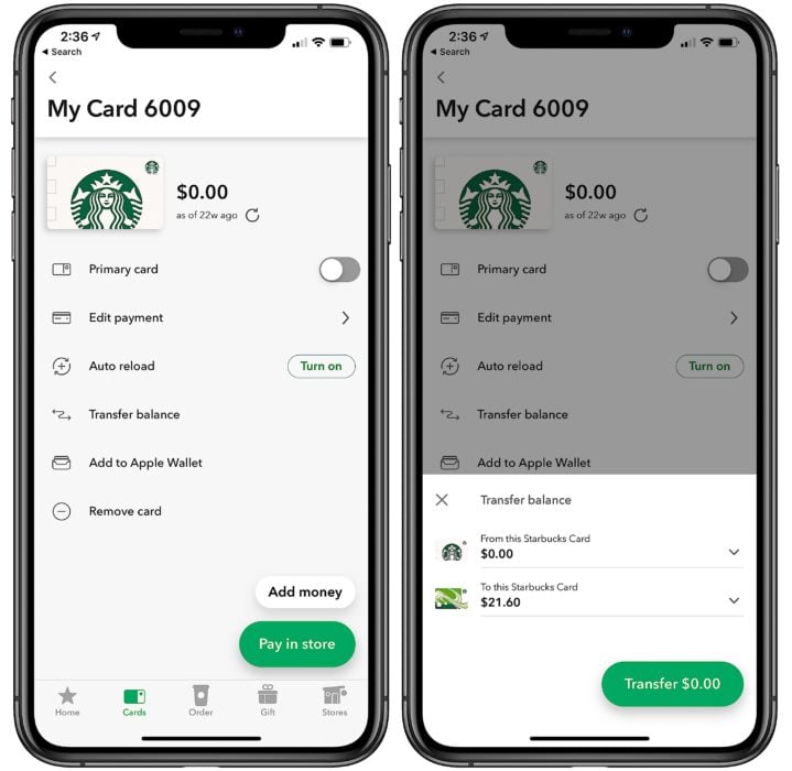 Pantalla de transferencia de saldo de Starbucks en iPhone.