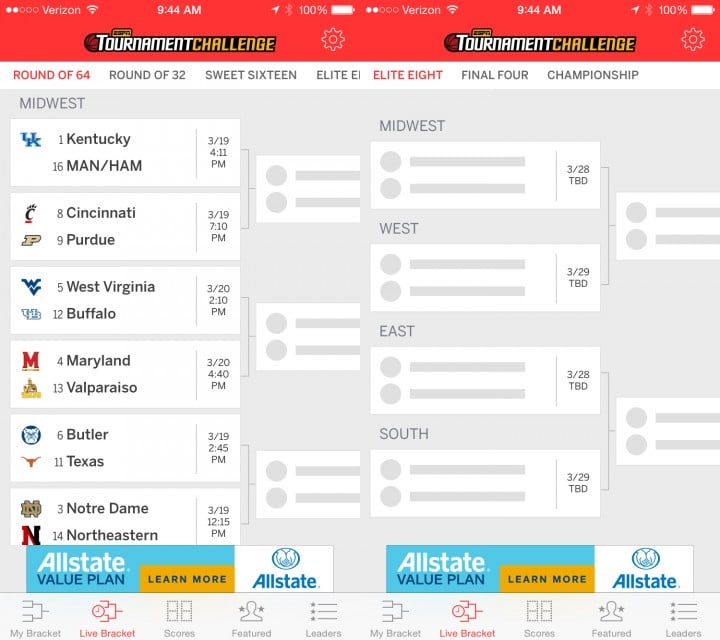 The EPSN Tournament Challenge app lets you create up to 10 NCAA brackets and compete for big prizes.