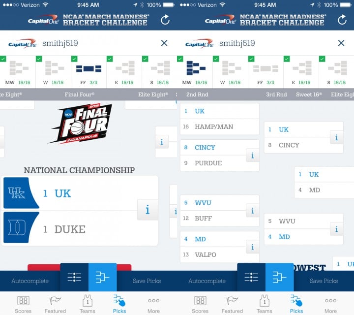 Use the official app to see the NCAA bracket you started online and make changes on your iPhone, iPad, Android, Amazon Fire or Windows device.
