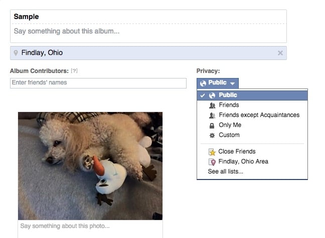 Share a Facebook album so others can add to it or make an album private. 