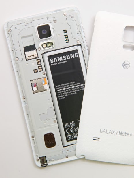 Remove the fake leather back of the Note 4 to access storage and a battery.